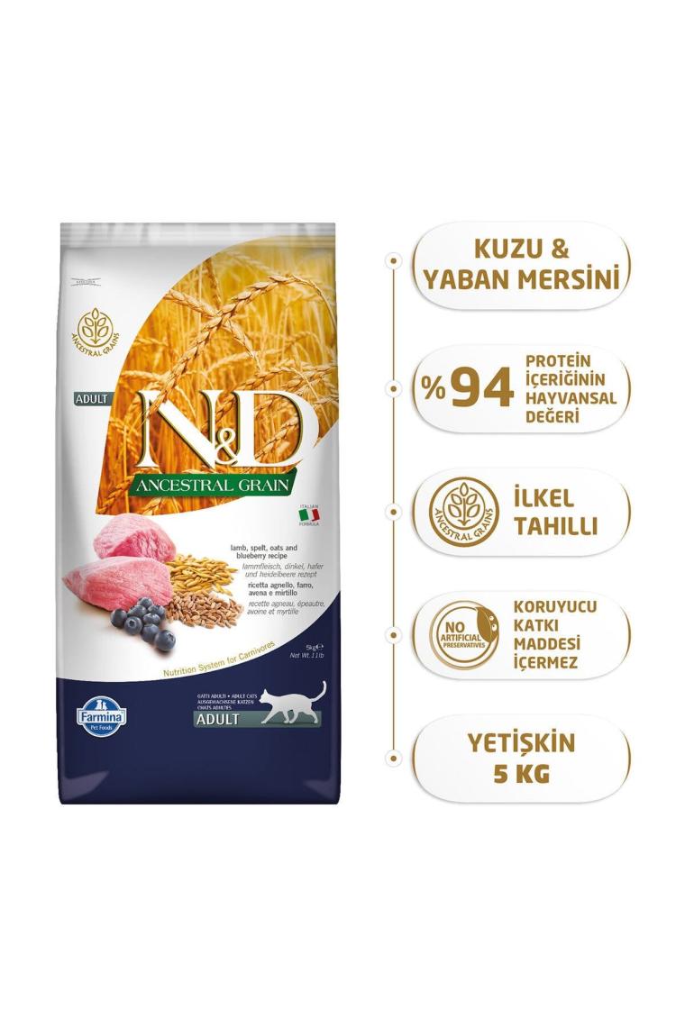 N&D Düşük Tahıllı Kuzu Etli ve Yaban Mersinli 5 kg Yetişkin Kuru Kedi Maması