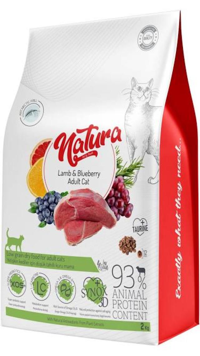 Natura Adult Düşük Tahıllı Kuzu Etli ve Yaban Mersinli Yetişkin Kedi Maması 2.25 kg