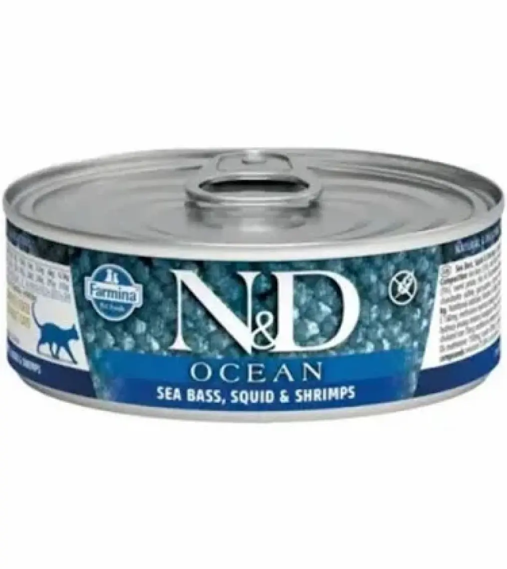 N&D Ocean Levrek,Mürekkep Balığı,Karidesli Kedi Konservesi 80 gr