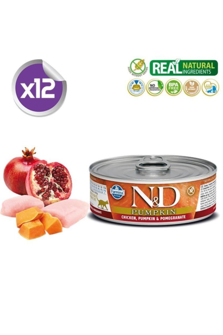 N&D Pumpkın Tahılsız Balkabaklı Tavuklu ve Narlı 80 gr 12'li Yetişkin Kedi Konservesi
