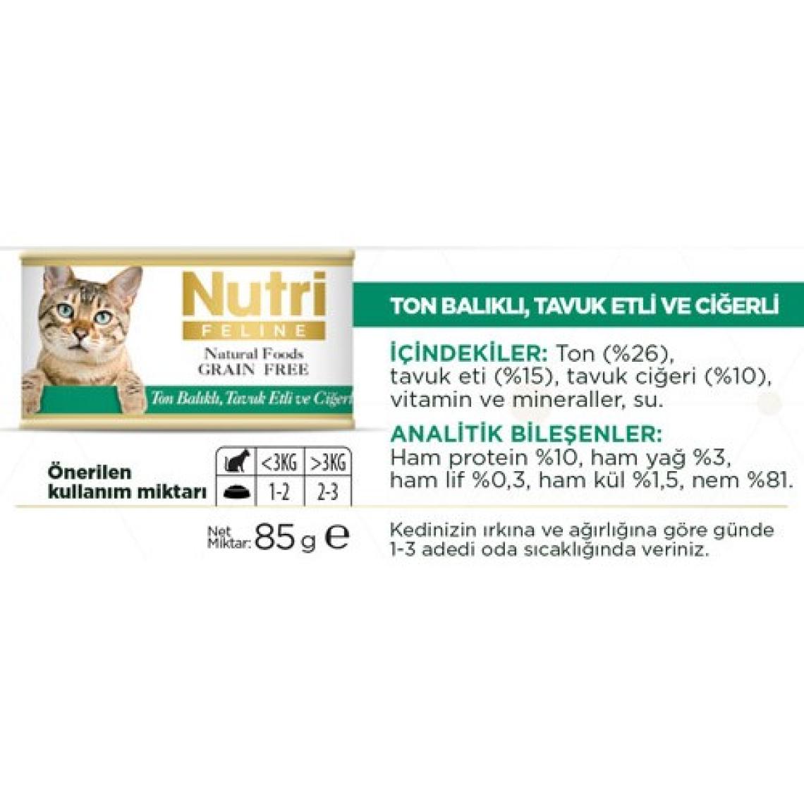 Nutri Feline Tahılsız Ton Balıklı & Tavuk Etli & Ciğerli Yaş Kedi Maması 85 gr x 12 Adet