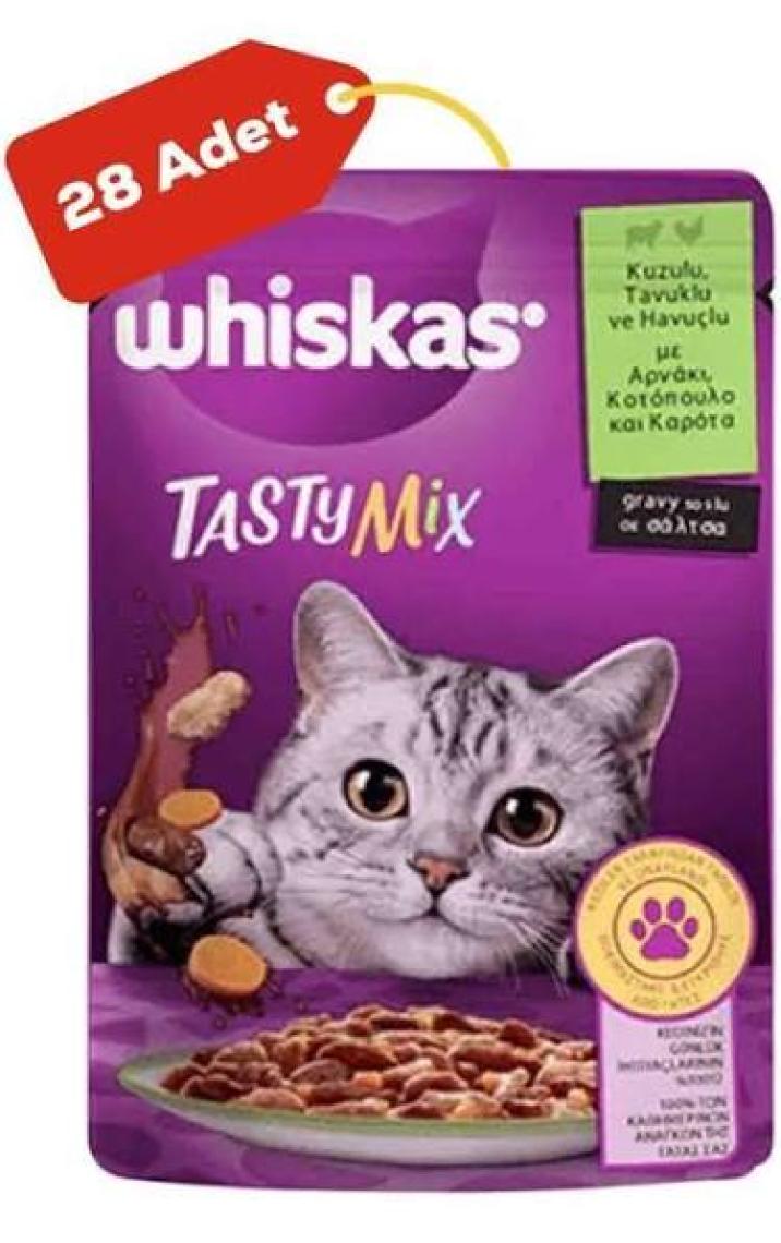 Whiskas Pouch Tastymix Sos Içinde Kuzulu Tavuklu ve Havuçlu Yetişkin Kedi Konservesi 28 Adet 85 gr