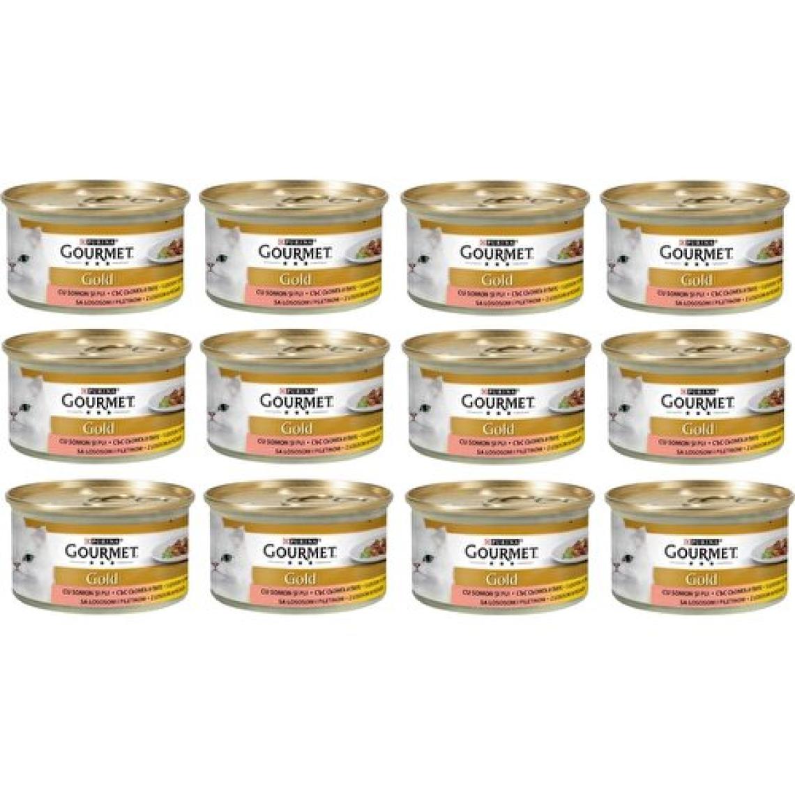 Gourmet Gold Parça Etli Soslu Somonlu ve Tavuklu 85 gr 12'li Yetişkin Konserve Kedi Maması
