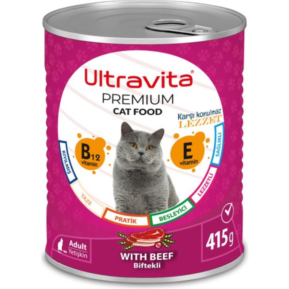 Ultravita Premium Yüksek Proteinli Sığır Etli Konserve Yaş Kedi Maması 415GRX24 Adet