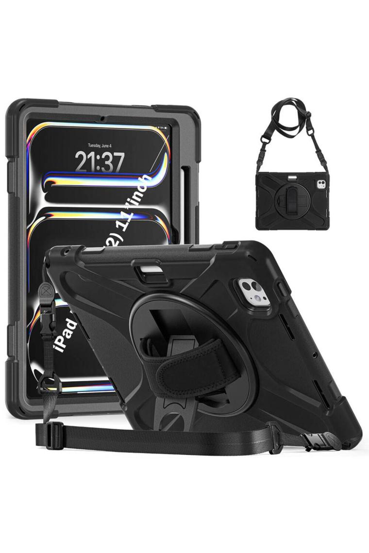 FUJİMAX Apple iPad Pro 11 M4 2024 Kılıf Yatay ve Dikey Standlı Askılı Military Amazing Defender Zırh Özellikli Kılıf