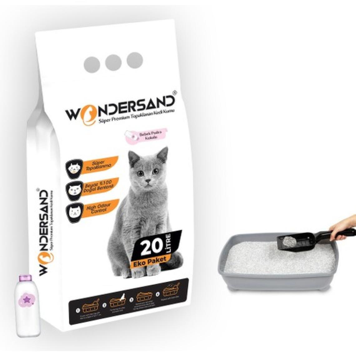 Wondersand 20 Lt Beyaz Bentonit Kalın Tane Pudra Kokulu Süper Topaklanan Premium Kedi Kumu