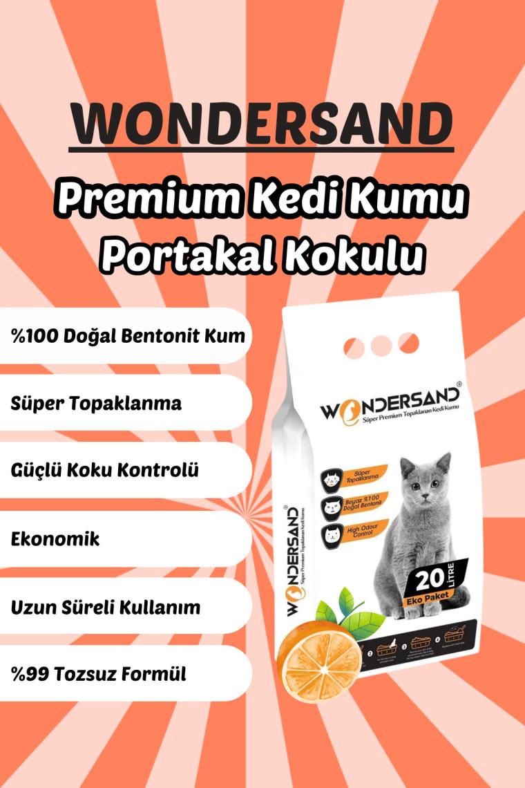 Wondersand 20 Lt Beyaz Bentonit Ince Tane Portakal Kokulu Süper Topaklanan Premium Kedi Kumu