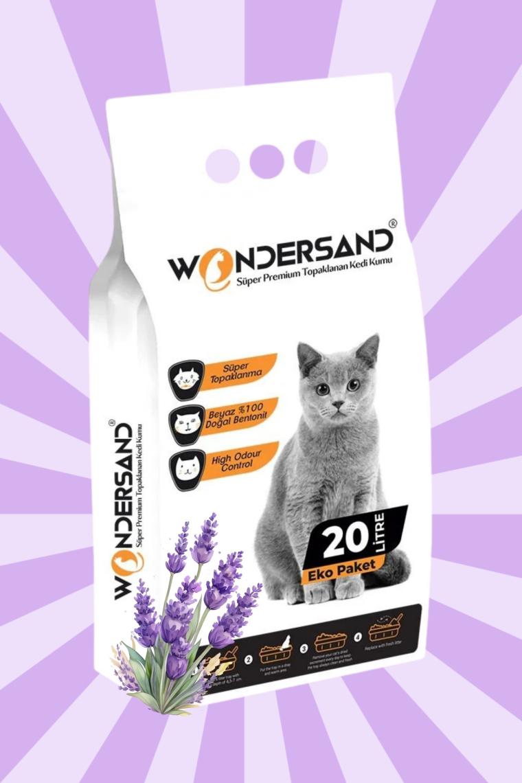 Wondersand 20 Lt Beyaz Bentonit Kalın Tane Lavanta Kokulu Süper Topaklanan Premium Kedi Kumu