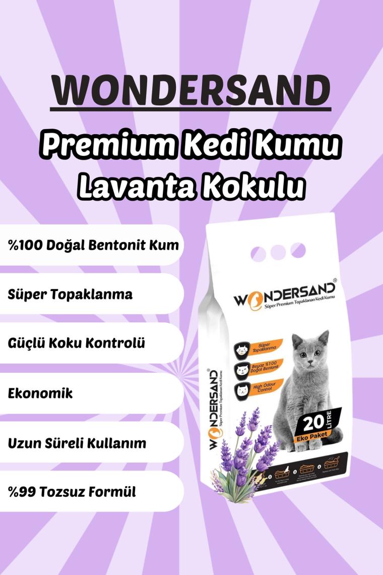 Wondersand 20 Lt Beyaz Bentonit Kalın Tane Lavanta Kokulu Süper Topaklanan Premium Kedi Kumu