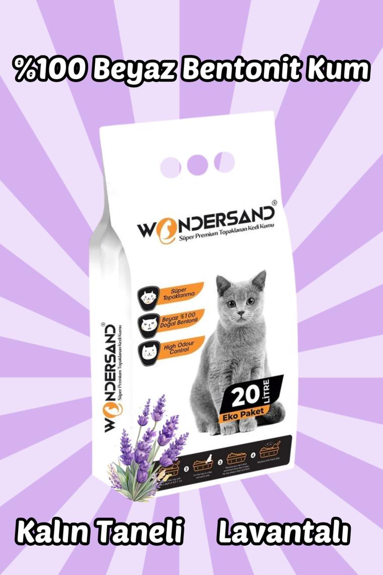 Wondersand 20 Lt Beyaz Bentonit Kalın Tane Lavanta Kokulu Süper Topaklanan Premium Kedi Kumu