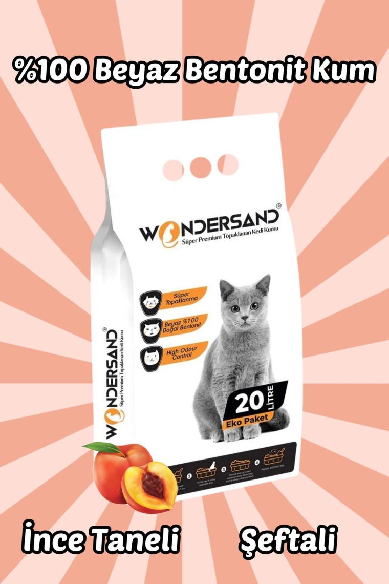 Wondersand 20 Lt Beyaz Bentonit Ince Tane Şeftali Kokulu Süper Topaklanan Premium Kedi Kumu