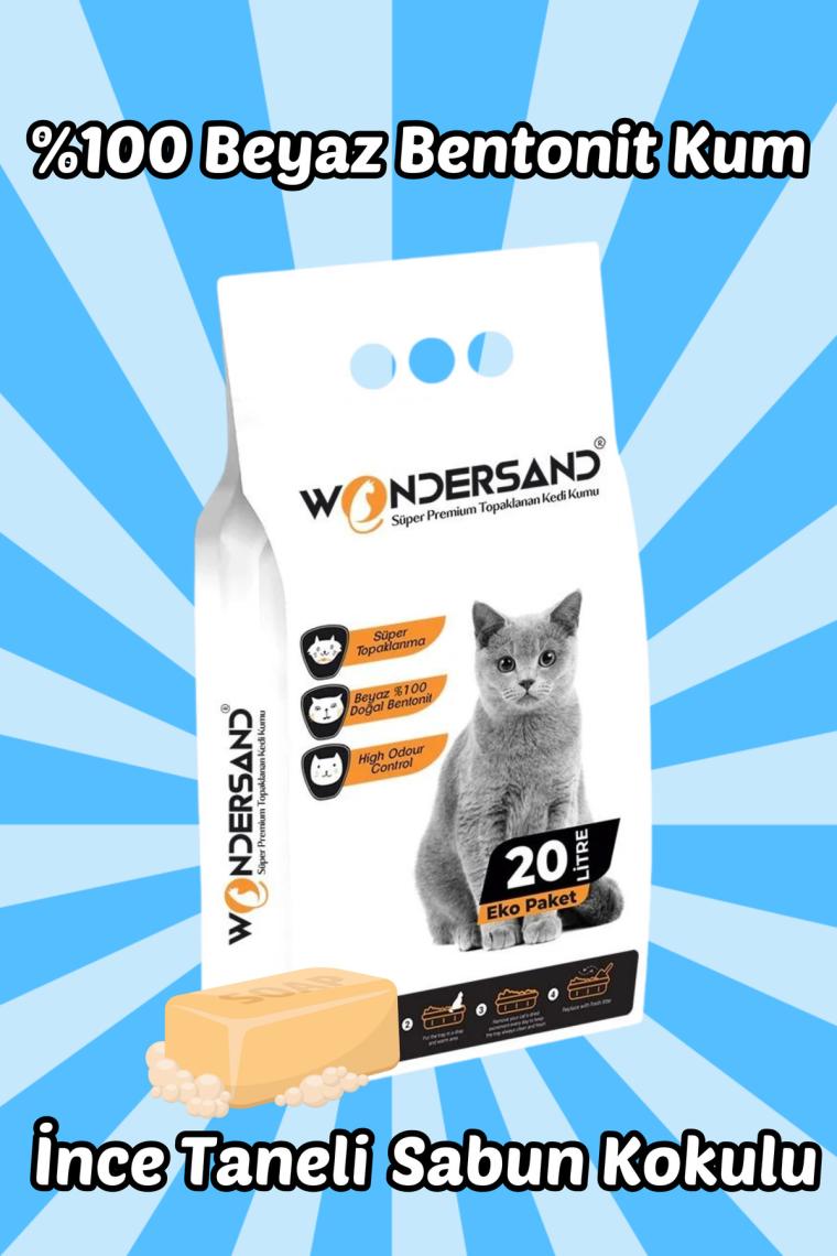 Wondersand 20 Lt Beyaz Bentonit Ince Tane Sabun Kokulu Süper Topaklanan Premium Kedi Kumu