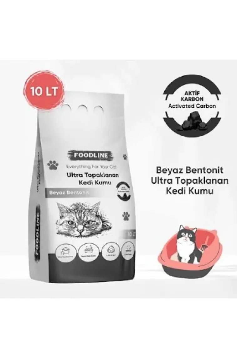 Foodline Aktif Karbonlu Ince Taneli Bentonit Topaklanan Kedi Kumu 10 Lt x 2 Adet