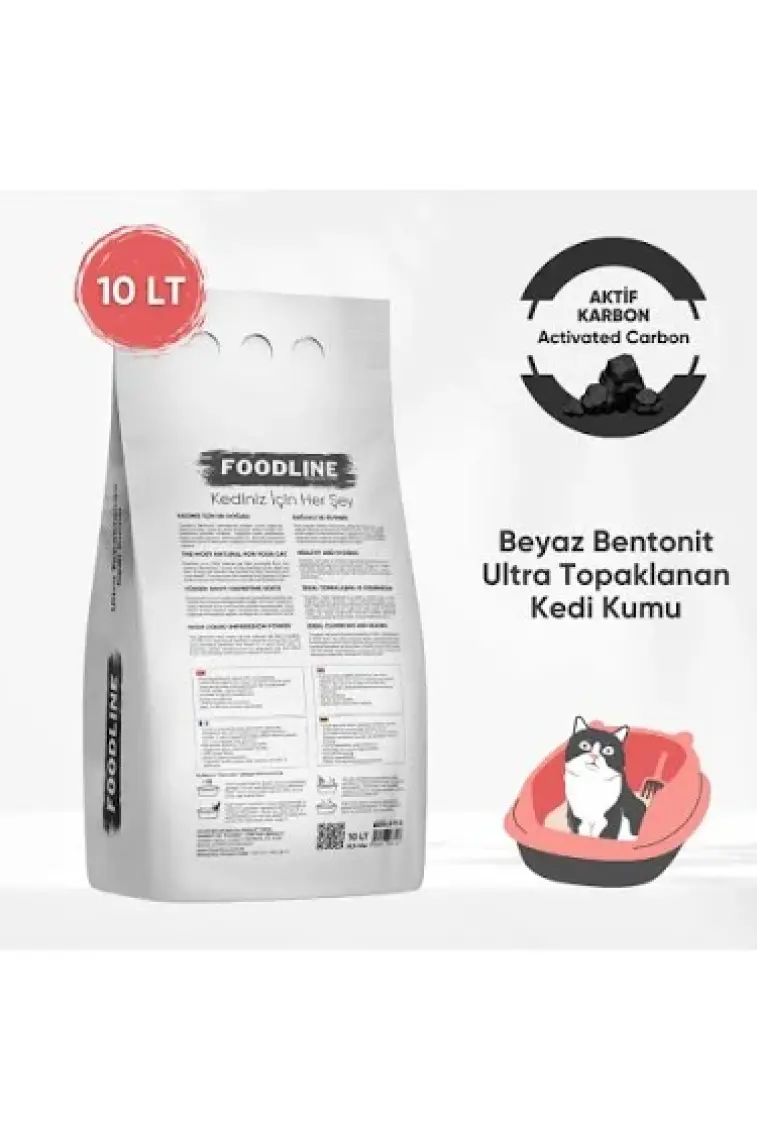 Foodline Aktif Karbonlu Ince Taneli Bentonit Topaklanan Kedi Kumu 10 Lt x 2 Adet