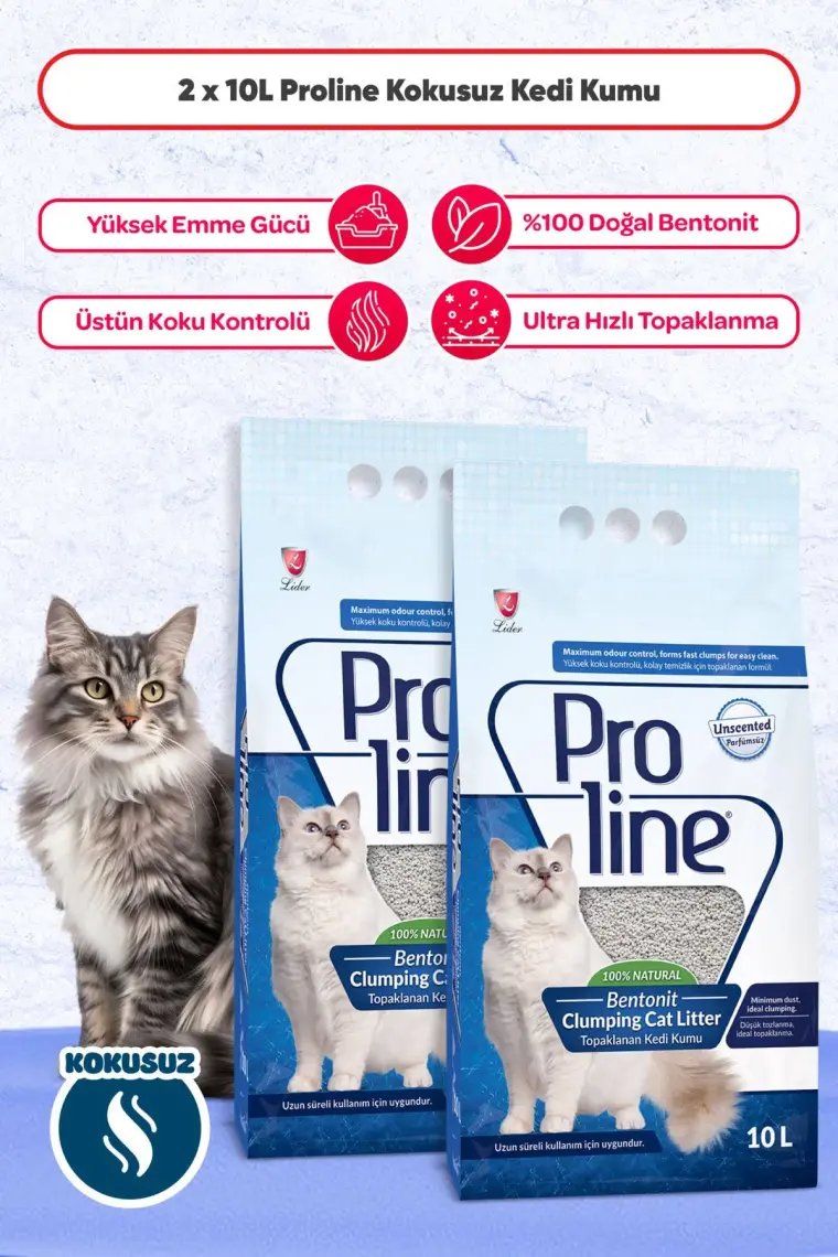 Pro Line Parfümsüz Topaklanan Kedi Kumu 10 Lt (2 Adet)