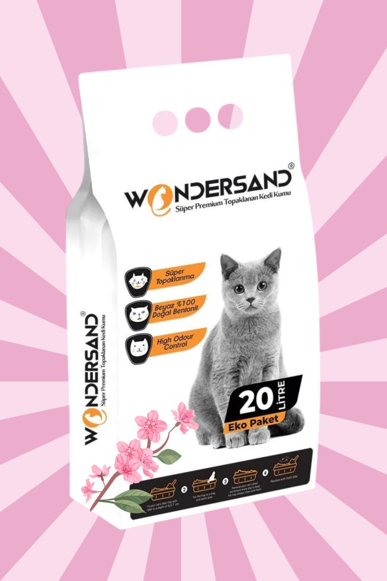 Wondersand 20 Lt Beyaz Bentonit Ince Tane Japon Kirazı Kokulu Süper Topaklanan Premium Kedi Kumu