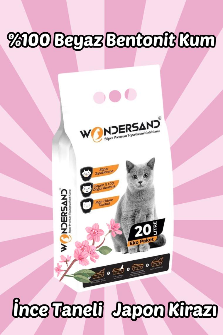 Wondersand 20 Lt Beyaz Bentonit Ince Tane Japon Kirazı Kokulu Süper Topaklanan Premium Kedi Kumu