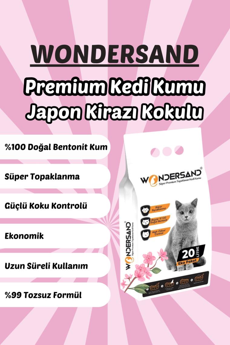 Wondersand 20 Lt Beyaz Bentonit Ince Tane Japon Kirazı Kokulu Süper Topaklanan Premium Kedi Kumu