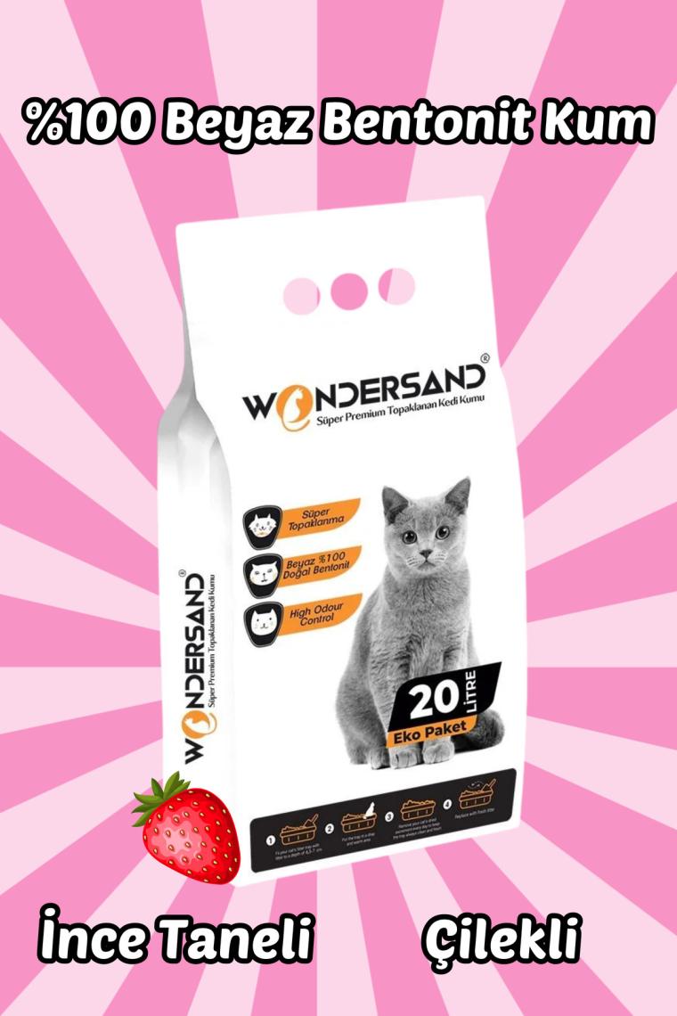 Wondersand 20 Lt Beyaz Bentonit Ince Tane Çilek Kokulu Süper Topaklanan Premium Kedi Kumu