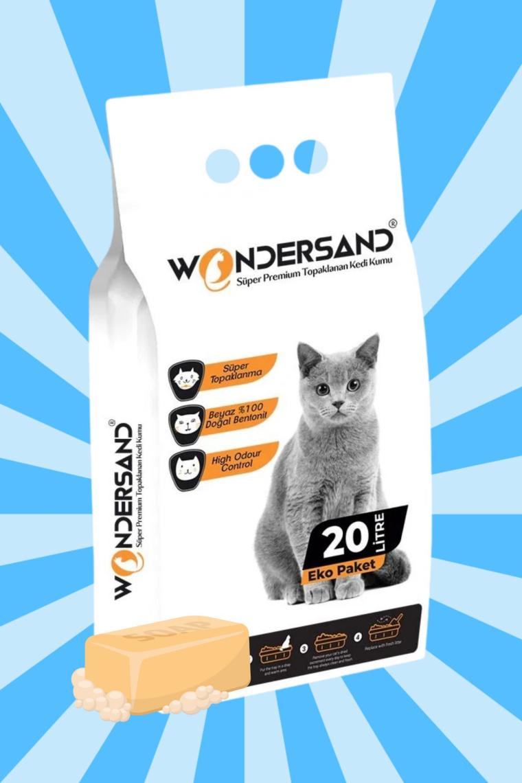 Wondersand 20 Lt Beyaz Bentonit Ince Tane Sabun Kokulu Süper Topaklanan Premium Kedi Kumu