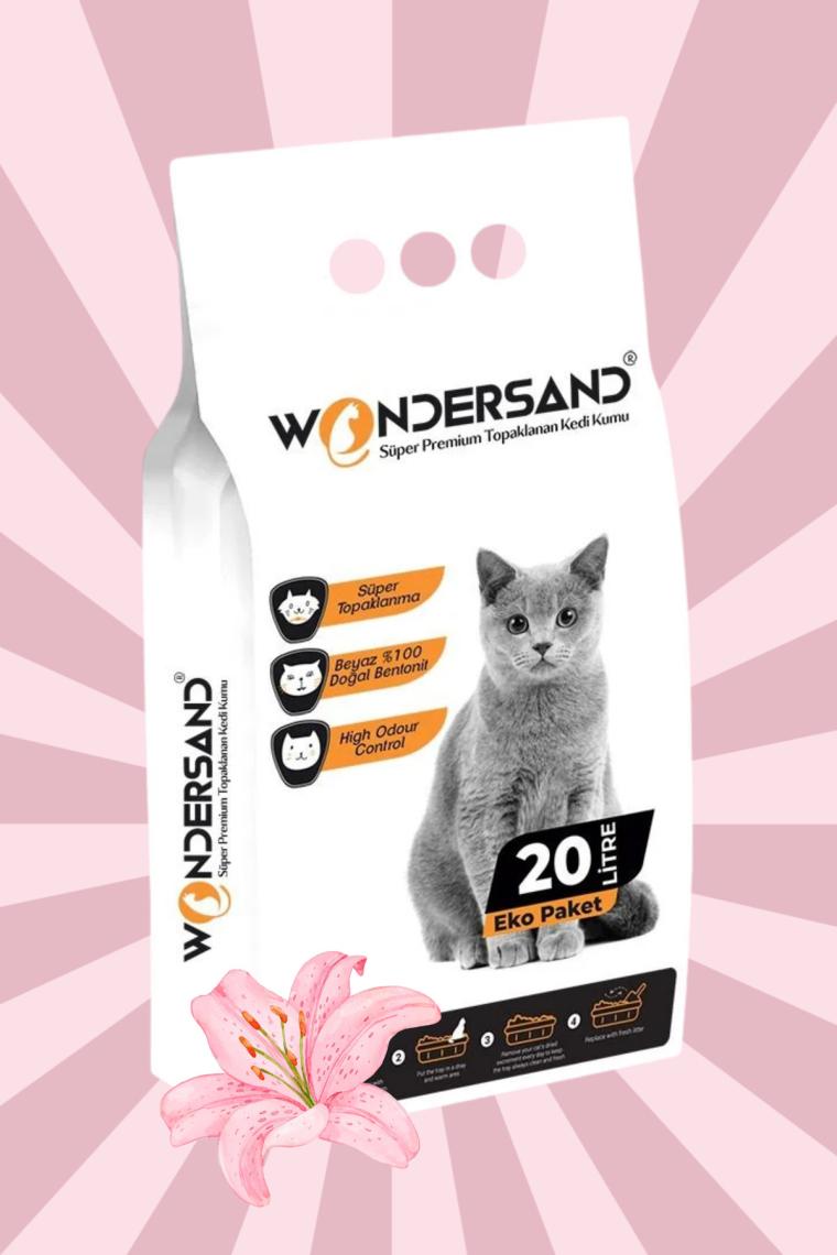 Wondersand 20 Lt Beyaz Bentonit Ince Tane Çiçek Kokulu Süper Topaklanan Premium Kedi Kumu