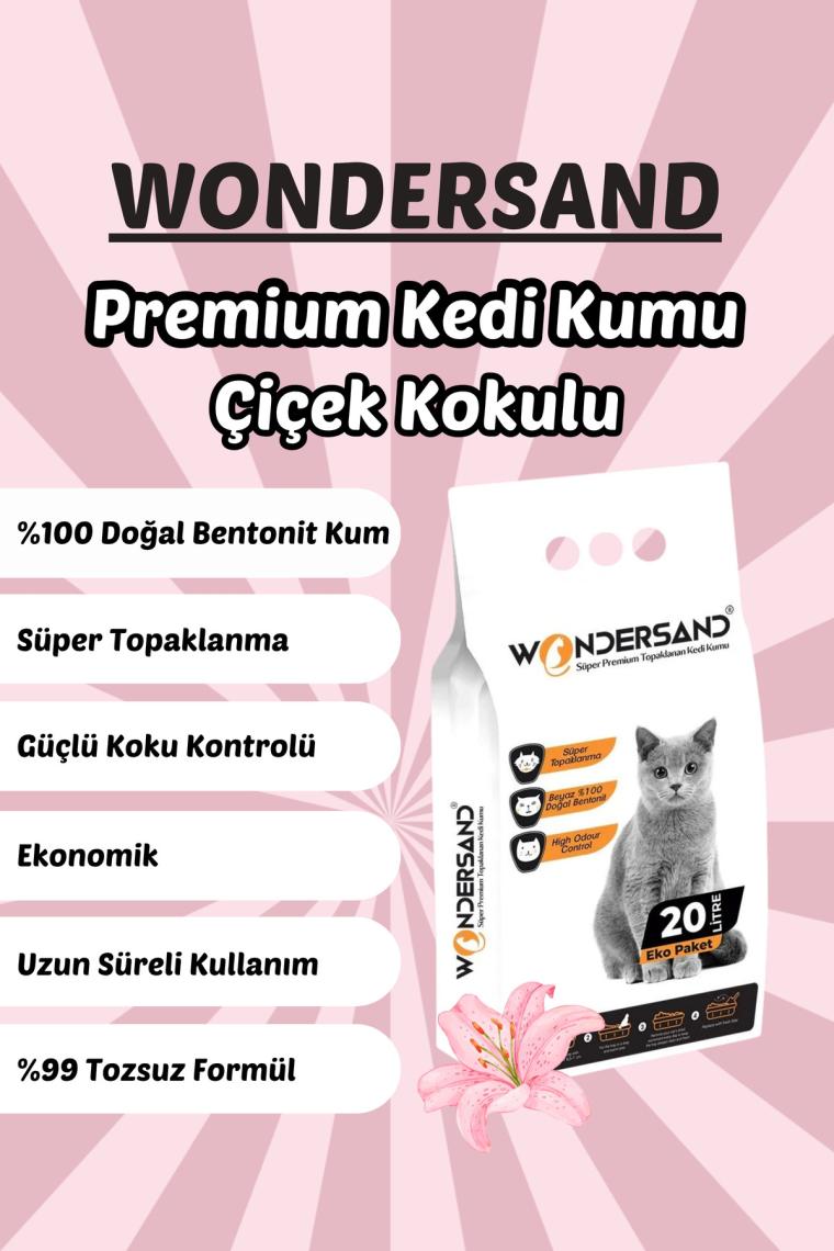 Wondersand 20 Lt Beyaz Bentonit Ince Tane Çiçek Kokulu Süper Topaklanan Premium Kedi Kumu