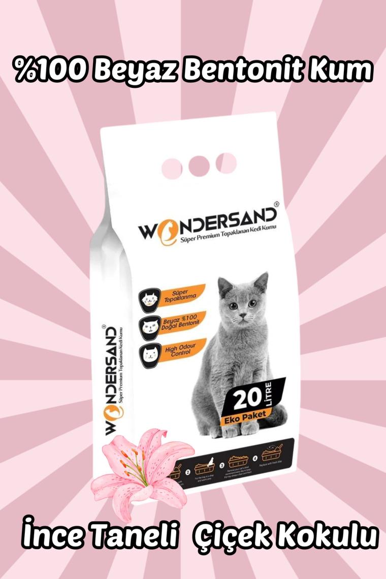 Wondersand 20 Lt Beyaz Bentonit Ince Tane Çiçek Kokulu Süper Topaklanan Premium Kedi Kumu