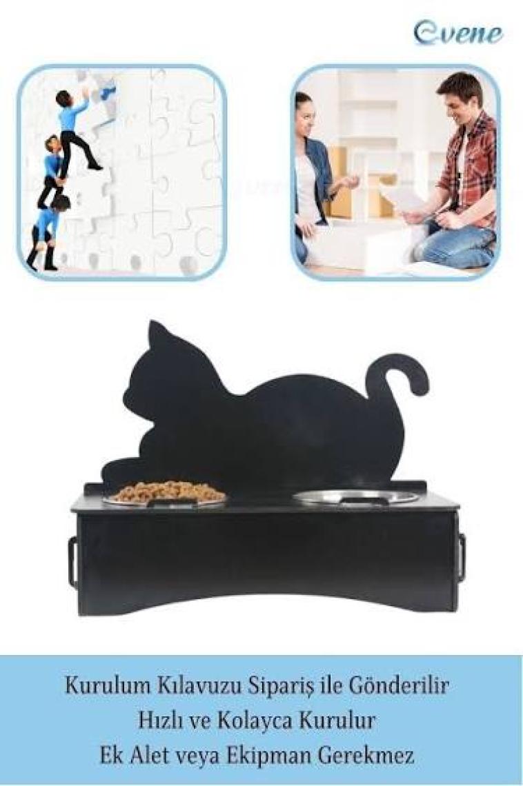 Evene Mama Su Kabı Paslanmaz Çelik Taslı 2'li Ahşap Kedi ve Köpek Suluk Kedi Arkalık Model