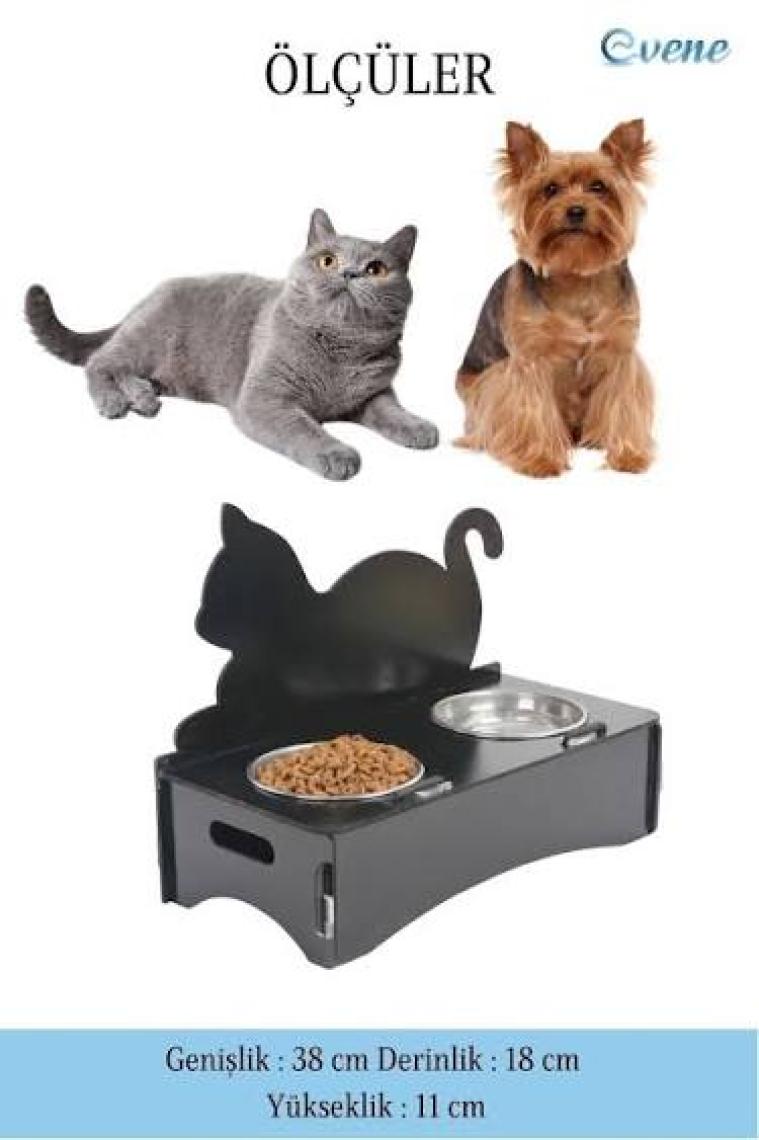 Evene Mama Su Kabı Paslanmaz Çelik Taslı 2'li Ahşap Kedi ve Köpek Suluk Kedi Arkalık Model