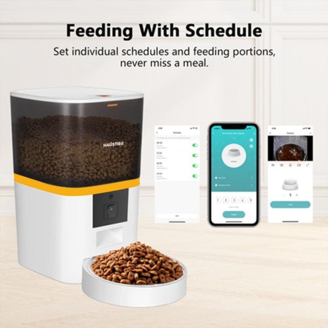 Haustier QQ005 Kameralı Akıllı Otomatik Kedi Mama Kabı , Wifi Uzaktan Kontrol, Sesle Çağırma, 480P Kamera, 6lt Hazne, Metal Kase, Beyaz