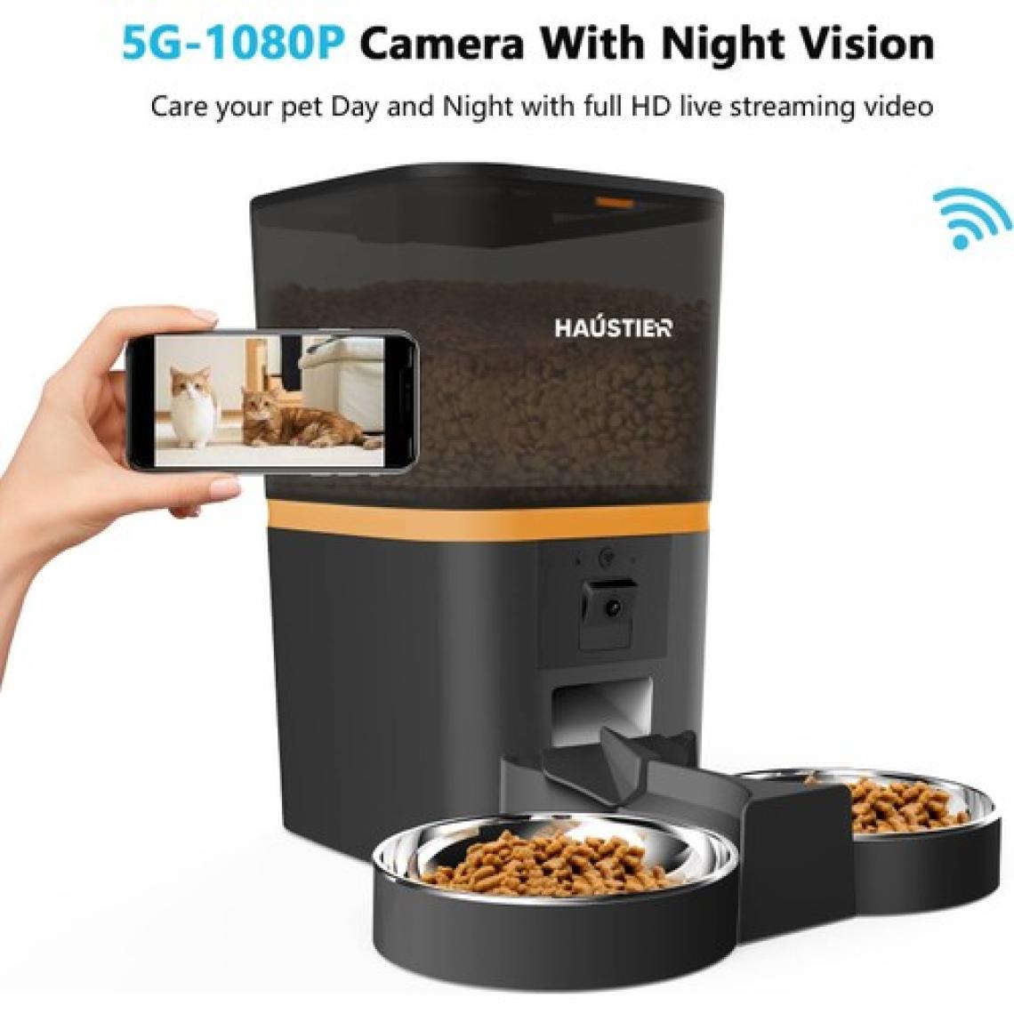 Haustier QQ009-DUAL Gece Görüşlü 1080P Fhd Kameralı, Akıllı Otomatik Kedi Mama Kabı, Tuya App-Wifi Uzaktan Kontrol, Sesle Çağırma, 2.4ghz-5ghz, 6lt Hazne, Çift Metal Kase