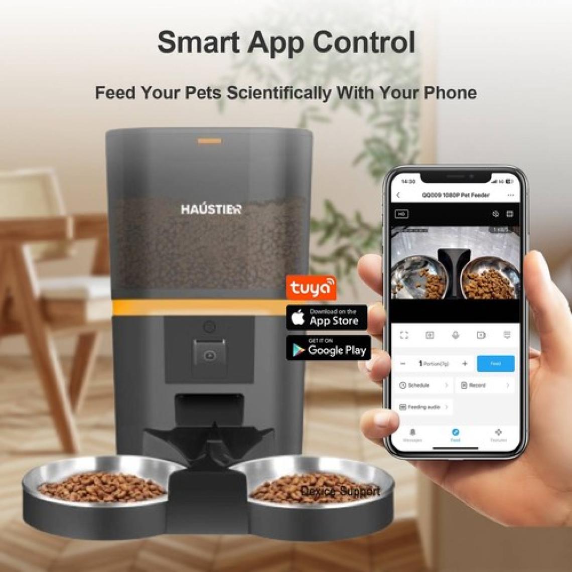 Haustier QQ009-DUAL Gece Görüşlü 1080P Fhd Kameralı, Akıllı Otomatik Kedi Mama Kabı, Tuya App-Wifi Uzaktan Kontrol, Sesle Çağırma, 2.4ghz-5ghz, 6lt Hazne, Çift Metal Kase