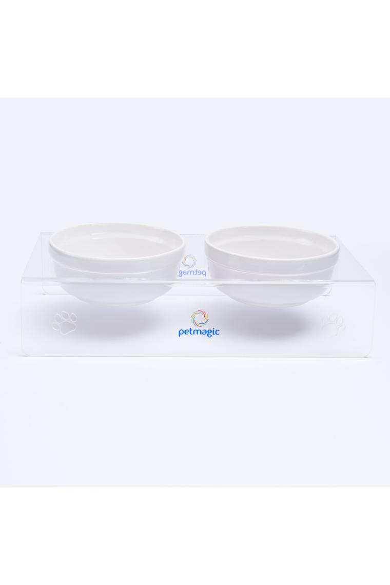 Petmagic Akrilik Pleksi Evcil Hayvan Beyaz Seramik Kaseli Mama ve Su Kabı -Şeffaf