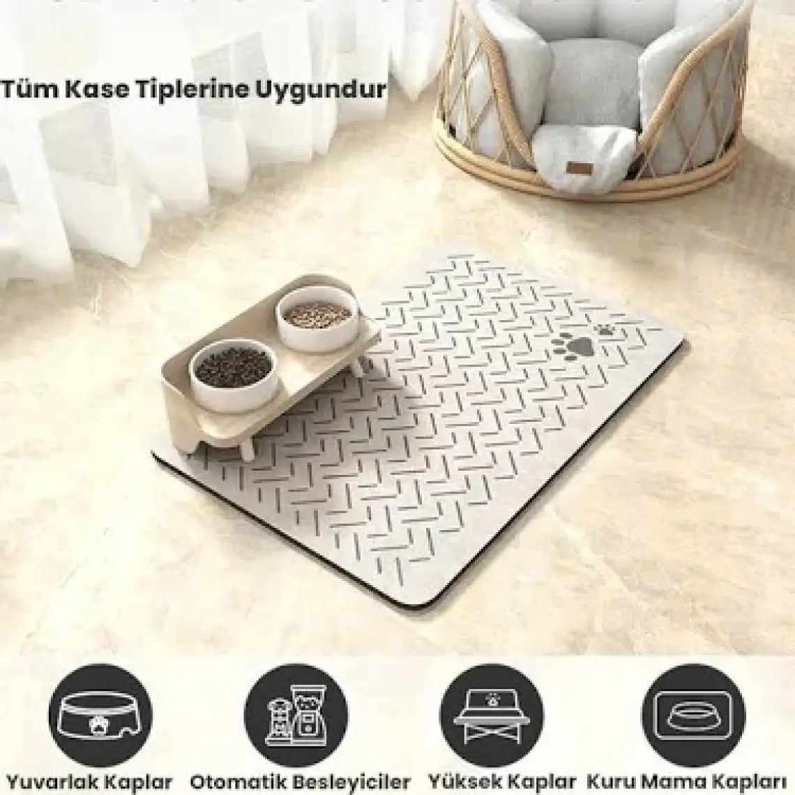 Matgo Pati Evcil Hayvan Besleme Matı Çizgi Patili Kaymaz Krem Rengi Kedi Köpek Mama Paspası 50 x 70 cm
