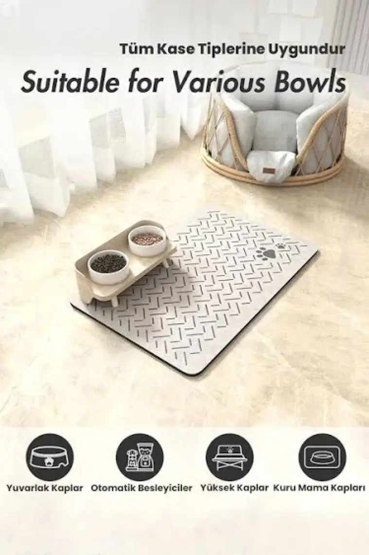 Matgo Pati Evcil Hayvan Besleme Matı Çizgi Patili Kaymaz Krem Rengi Kedi Köpek Mama Paspası 50 x 70 cm