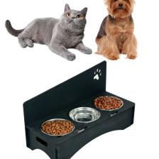 Mama Su Kabı Paslanmaz Çelik Taslı 3'lü Ahşap Kedi Ve Köpek Suluk Patili Model