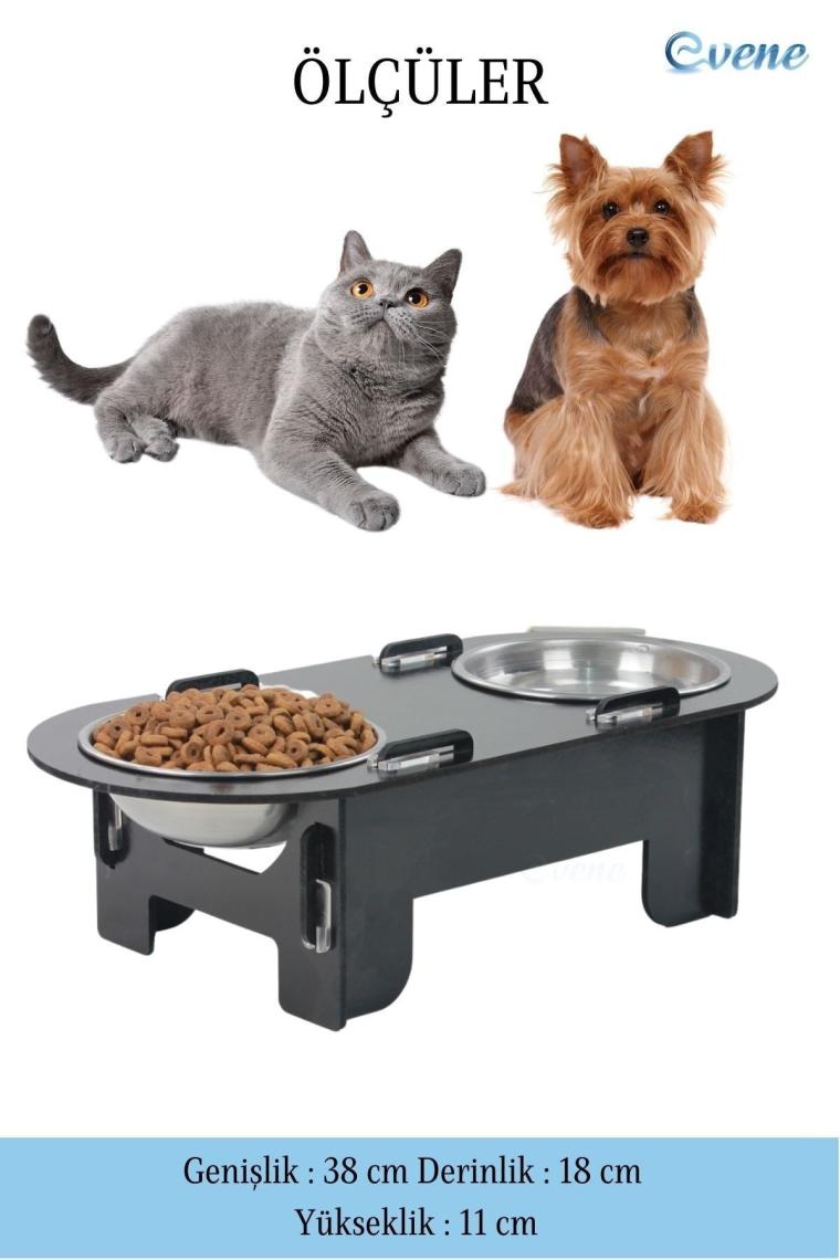Evene Mama Su Kabı Paslanmaz Çelik Taslı 2'li Ahşap Kedi ve Köpek Suluk Oval Model