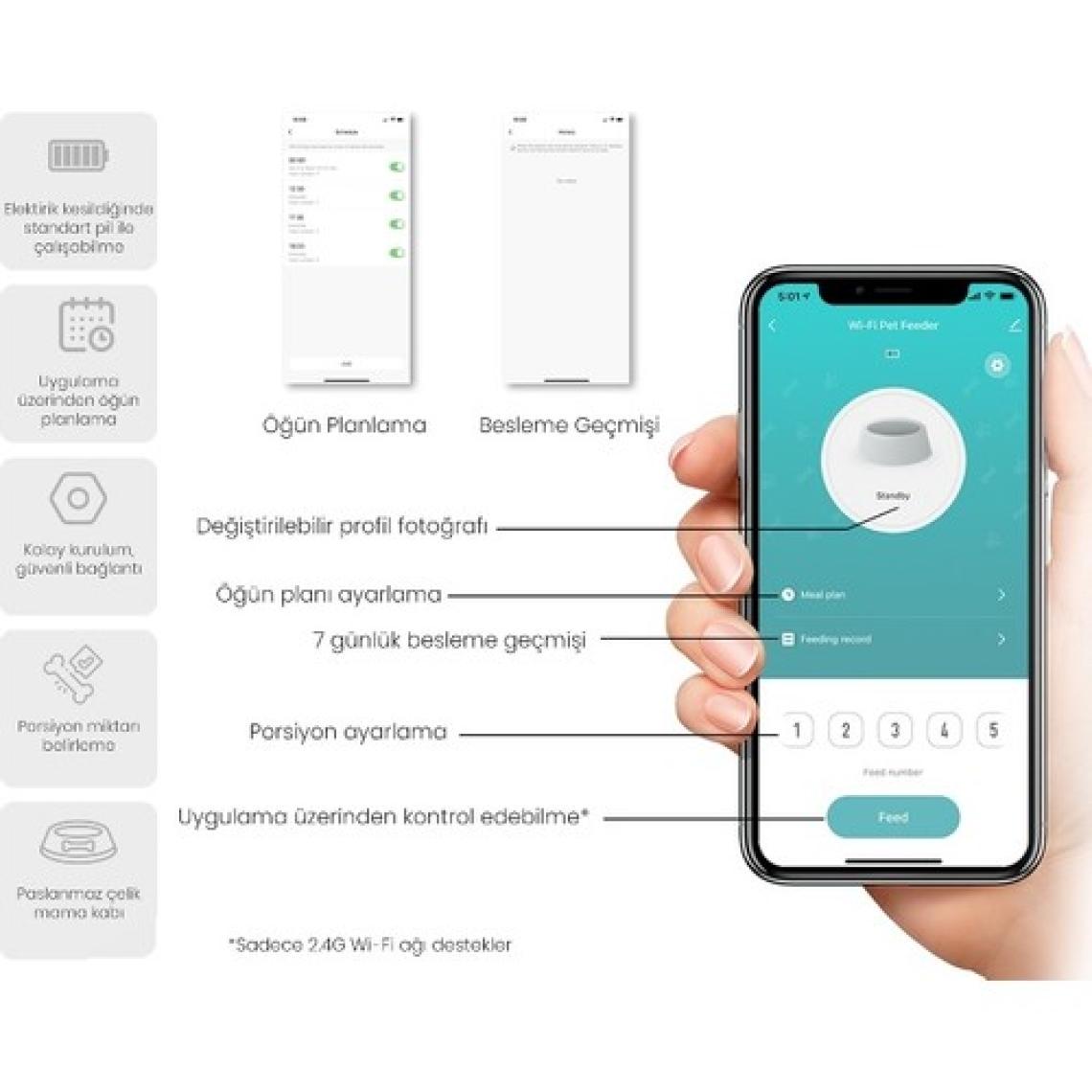 Haustier QQ003 Akıllı Kedi/köpek Otomatik Mama Kabı, App-Wifi ile Uzaktan Kontrol, Öğün Planlama,porsiyon Belirleme,6lt Hazne, Metal Kase