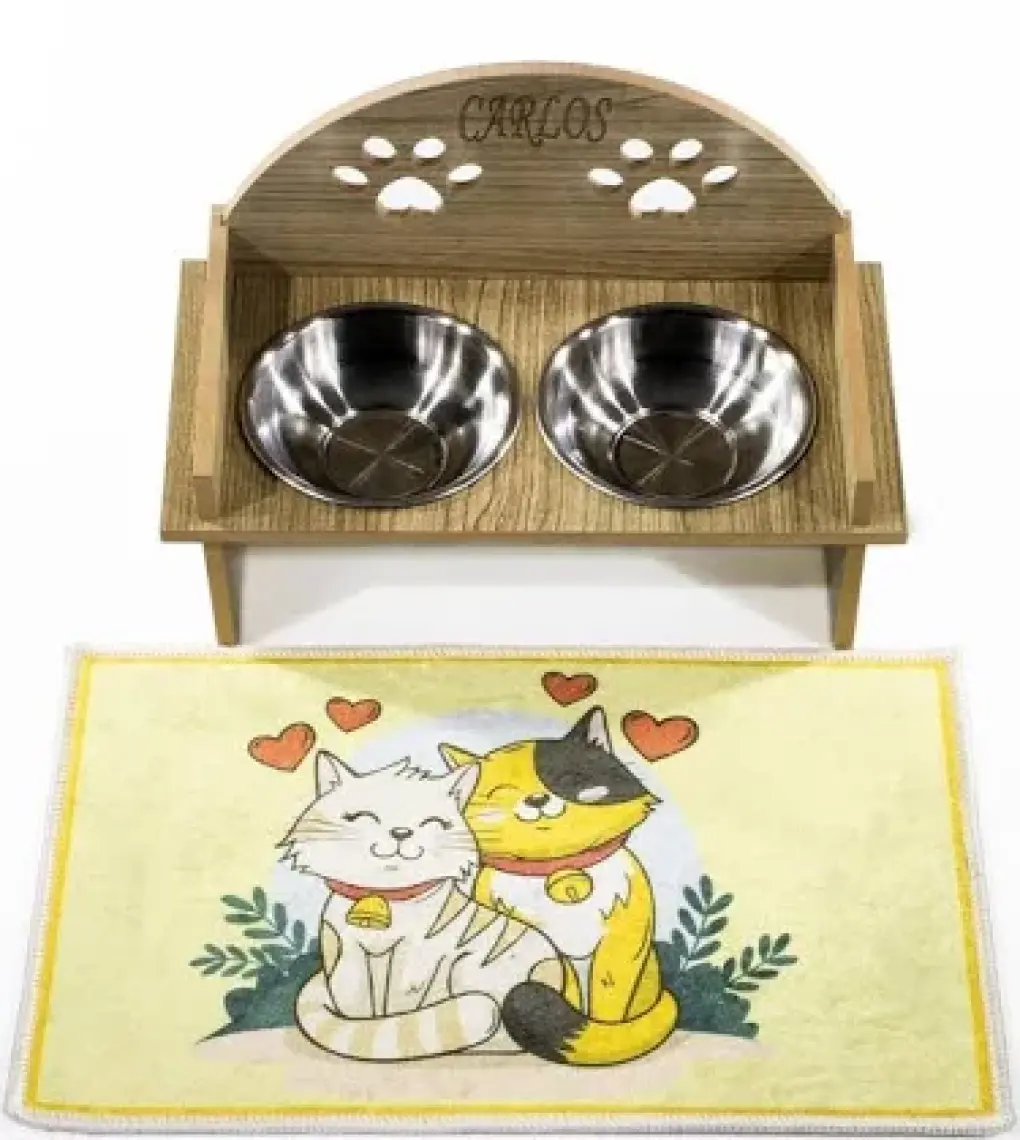 Ahşap Özel Isim Baskılı, Oval Kedi Köpek Mama Su Kabı Standı, Metal Suluk, Kedi Köpek Halısı
