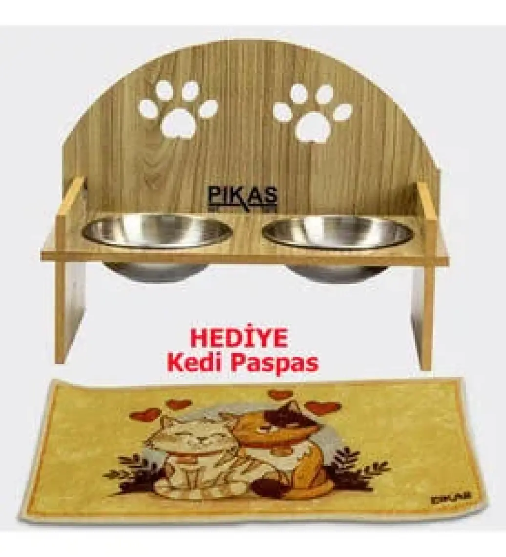 Ahşap Özel Isim Baskılı, Oval Kedi Köpek Mama Su Kabı Standı, Metal Suluk, Kedi Köpek Halısı