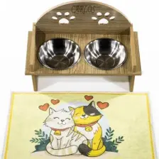 Ahşap Özel Isim Baskılı, Oval Kedi Köpek Mama Su Kabı Standı, Metal Suluk, Kedi Köpek Halısı