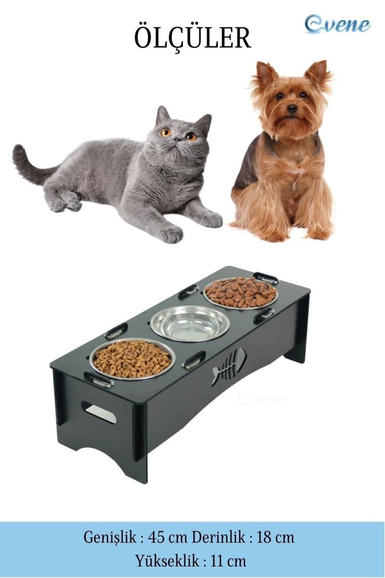 Evene Mama Su Kabı Paslanmaz Çelik Taslı 3'lü Ahşap Kedi ve Köpek Suluk Balıklı Model