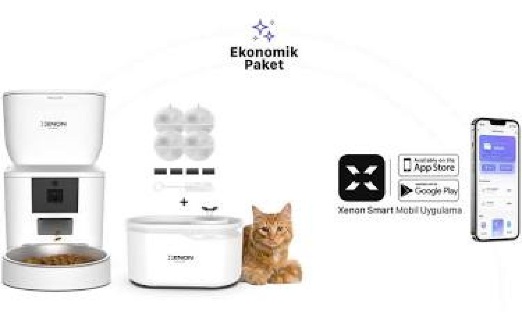 Xenon Smart Akıllı Otomatik Evcil Hayvan Besleyici Mama Kabı Beyaz Ultra Sessiz Su Pınarı ve Yedek Filtre 3'lü Pet Seti