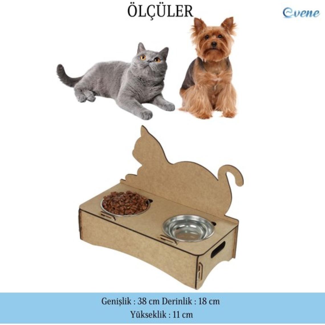 Evene Mama Su Kabı Paslanmaz Çelik Taslı 2'li Ahşap Kedi ve Köpek Suluk Kedi Arkalık Model