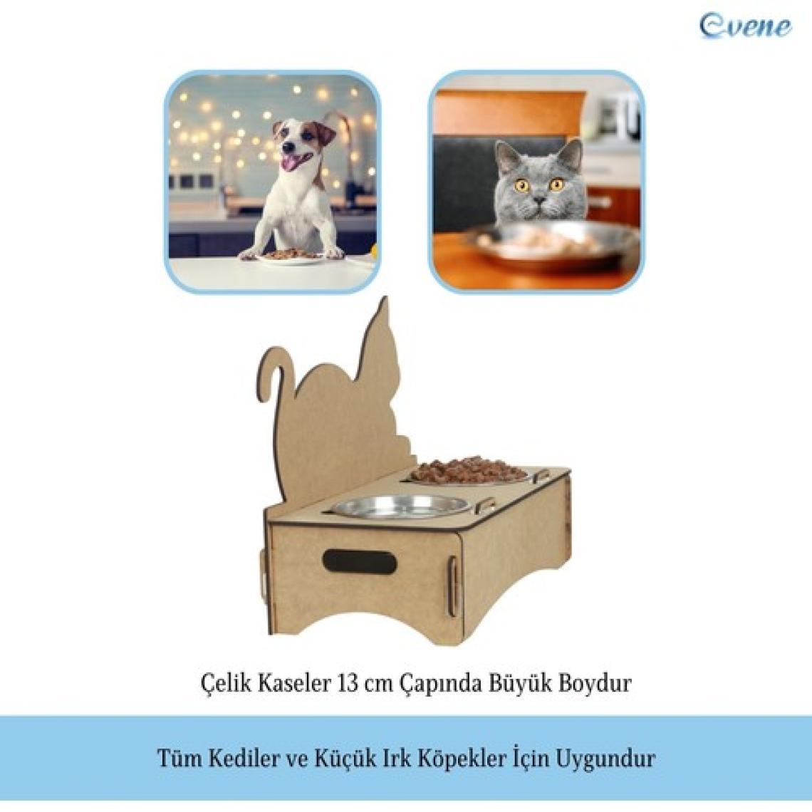 Evene Mama Su Kabı Paslanmaz Çelik Taslı 2'li Ahşap Kedi ve Köpek Suluk Kedi Arkalık Model