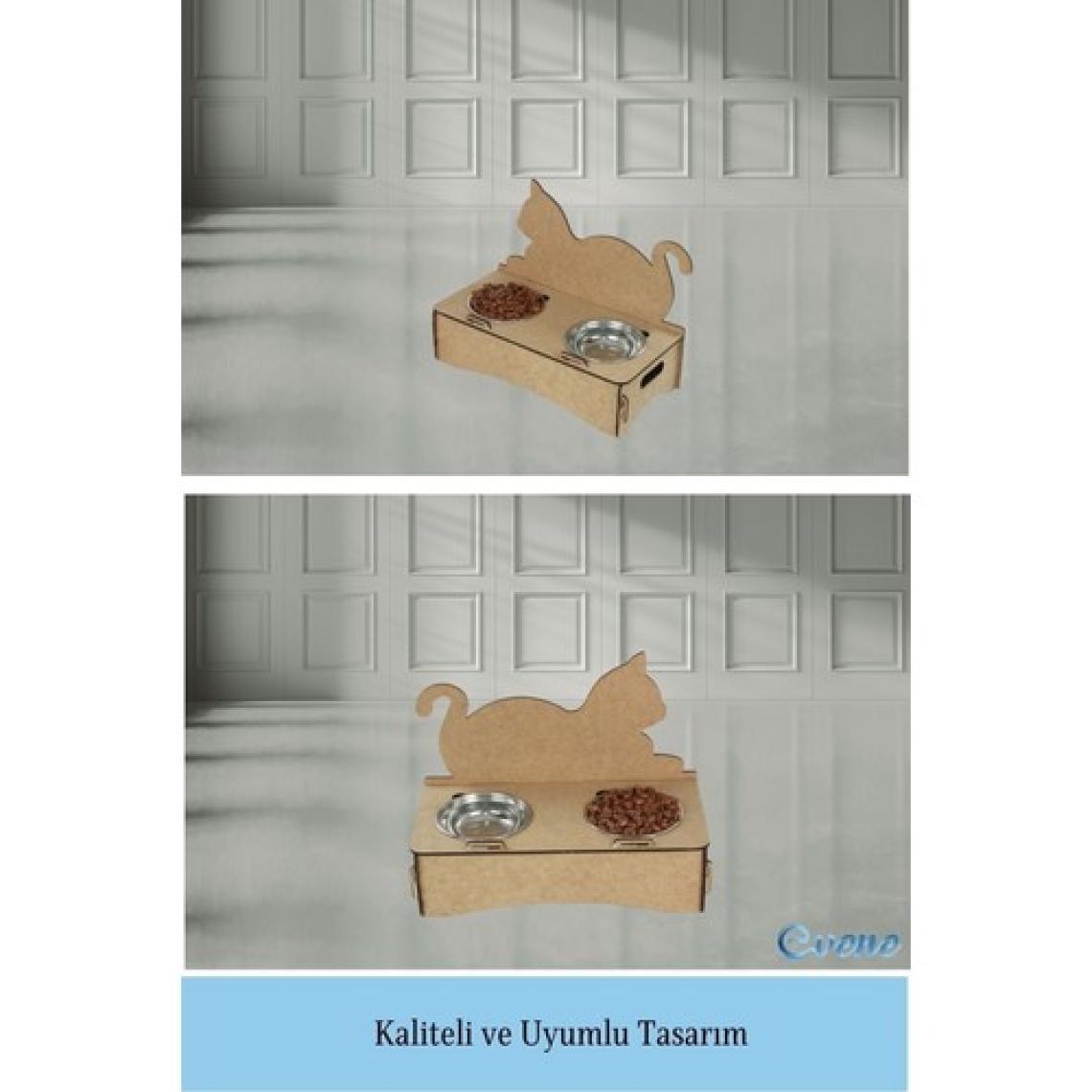 Evene Mama Su Kabı Paslanmaz Çelik Taslı 2'li Ahşap Kedi ve Köpek Suluk Kedi Arkalık Model