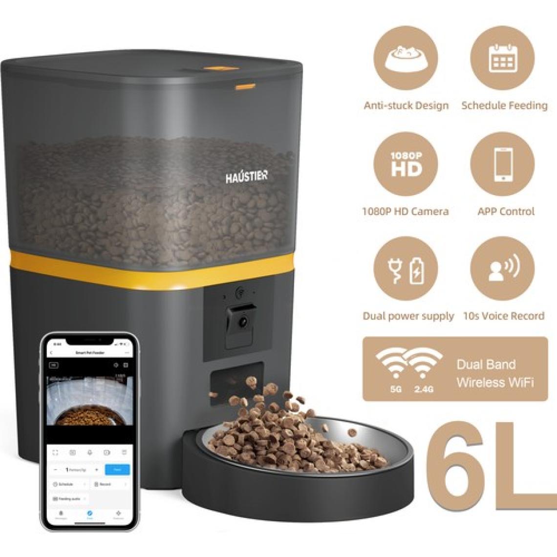 Haustier QQ009 Gece Görüşlü 1080P Fhd Kameralı, Akıllı Kedi Köpek Otomatik Mama Kabı, Tuya App-Wifi Uzaktan Kontrol, Sesle Çağırma, 2.4ghz-5ghz, 6lt Hazne, Metal Kase