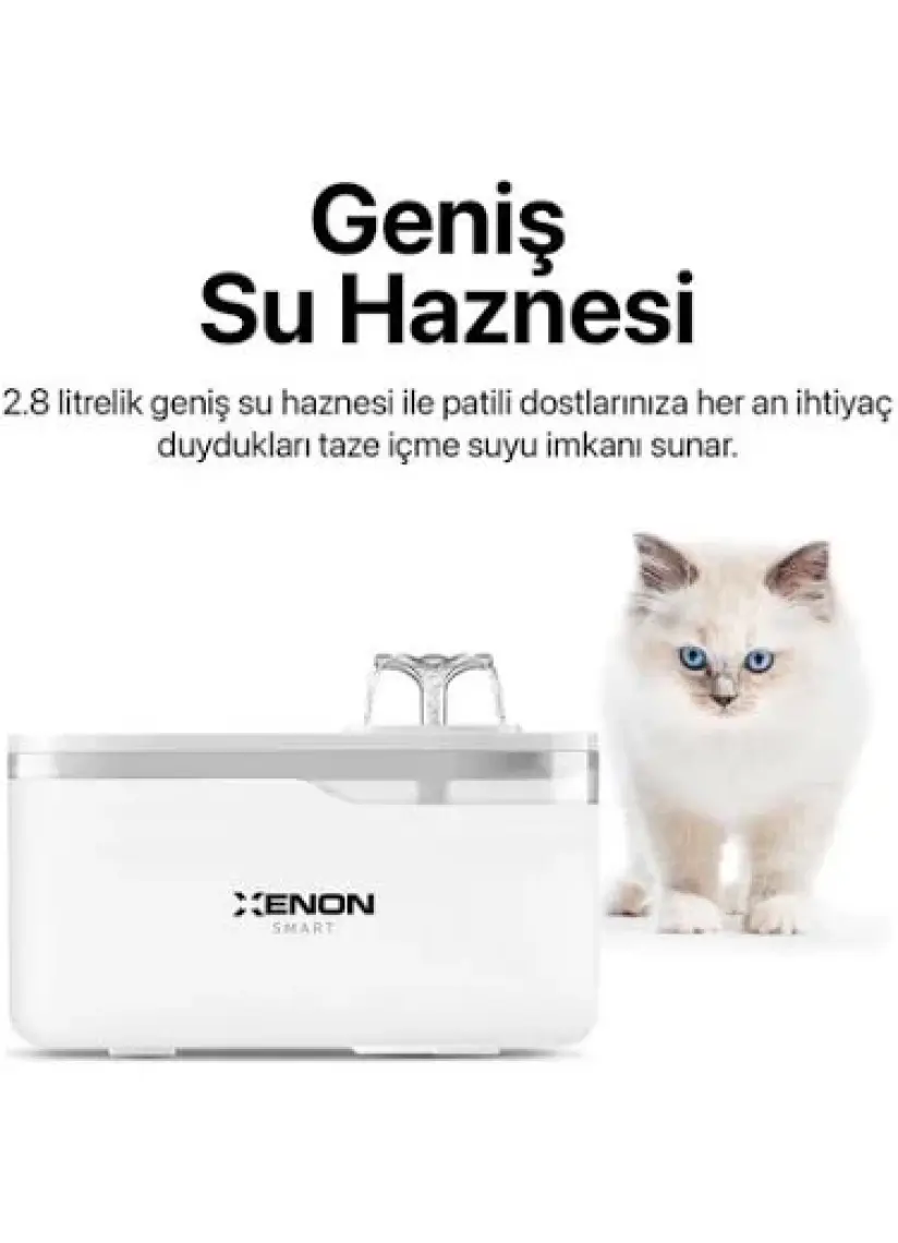Xenon Smart Akıllı Otomatik Çelik Hazneli Mama Kabı Ultra Sessiz LED Işıklı Su Pınarı ve Yedek Filtre 3'lü Pet Ürünleri Seti