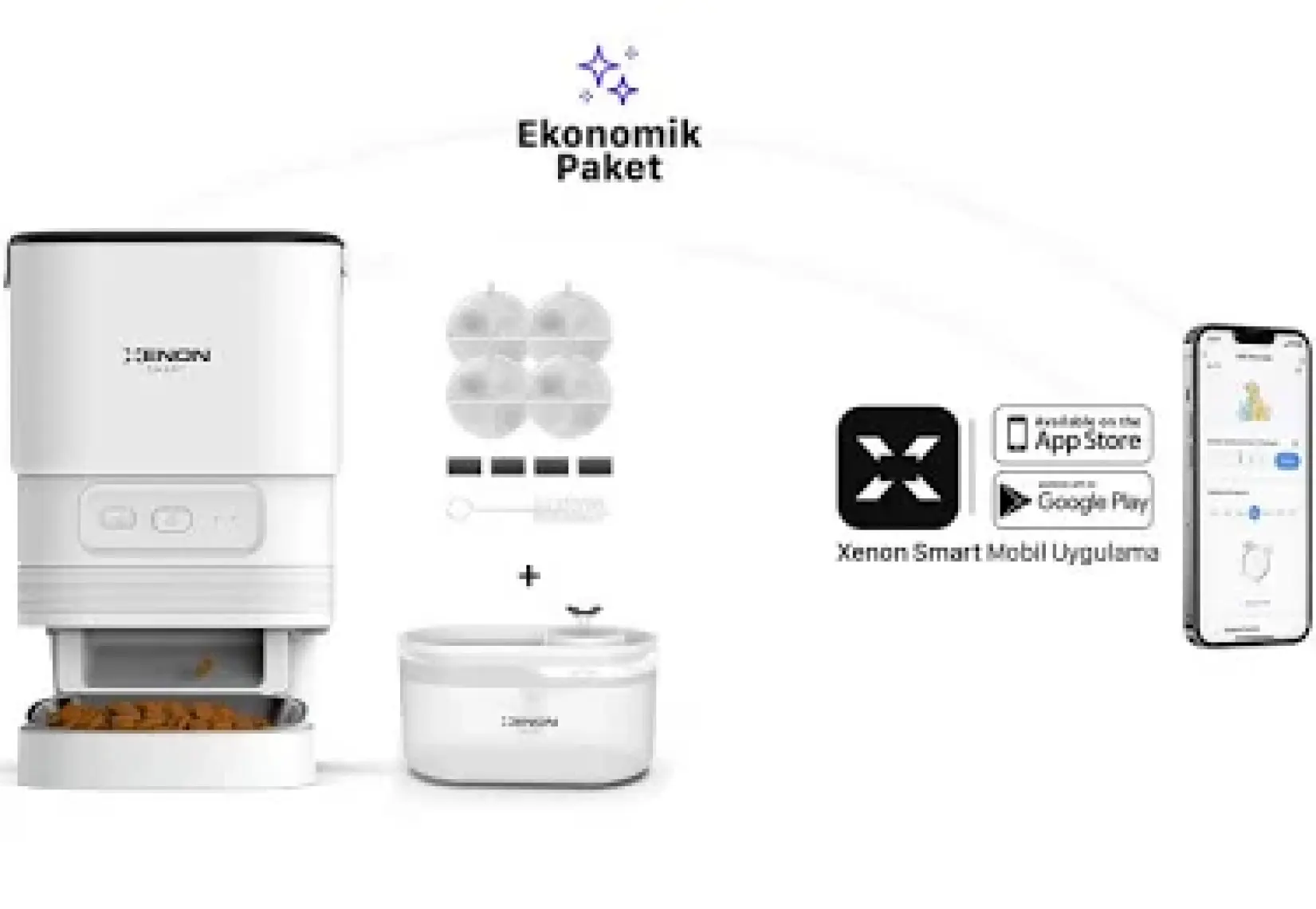 Xenon Smart Akıllı Otomatik Çelik Hazneli Mama Kabı Ultra Sessiz LED Işıklı Su Pınarı ve Yedek Filtre 3'lü Pet Ürünleri Seti