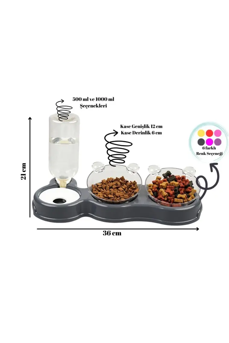 Glipet Çift Hazneli- 3' Lü Beslenme Mama ve Su Kabı Gri 500ML 36*21*16 cm